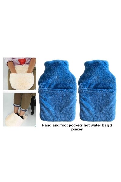 Bosphorus كيس ماء ساخن 2 قطعة، ثيرموفور أزرق قطيفة مع جيب 32,5x17,5 سم 1500 مل