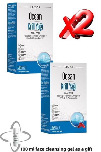 Ocean Epa-Dha-Astacanthin-Krill Oil in Omega 3 Phospholipid Form 30 Softgels (2 Pieces) + Facial Cleansing Gel