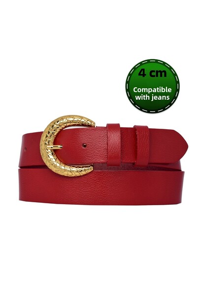 GoDeri Red Women's Jeans - 100% Genuine Leather, Gold Buckle, Sports Belt 4 cm