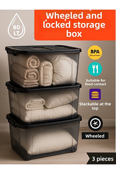 Loremp 80 Lt Storage Box with Wheels (Set of 3) - Lockable, Suitable for Food Contact, Transparent Storage Box