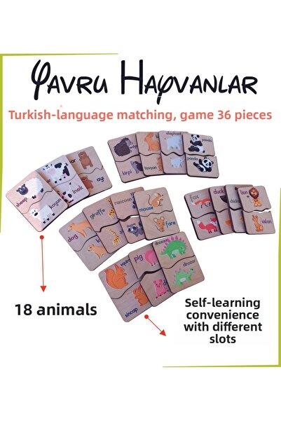 Ankebut لعبة مطابقة باللغة الإنجليزية التركية للحيوانات الصغيرة 36 قطعة