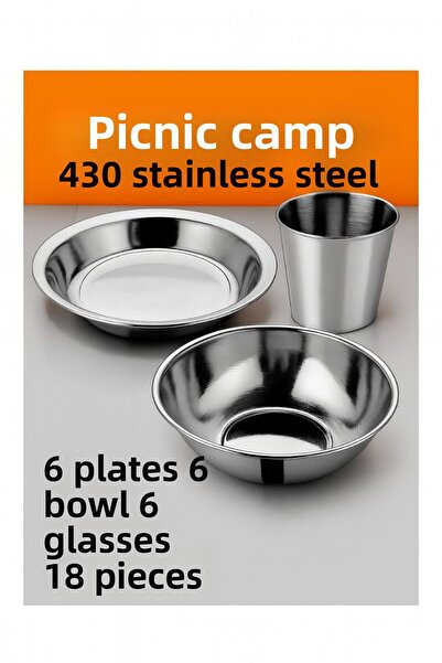 Metler طقم نزهة للتخييم من الفولاذ المقاوم للصدأ 18 قطعة |   مجموعة أكواب أطب...