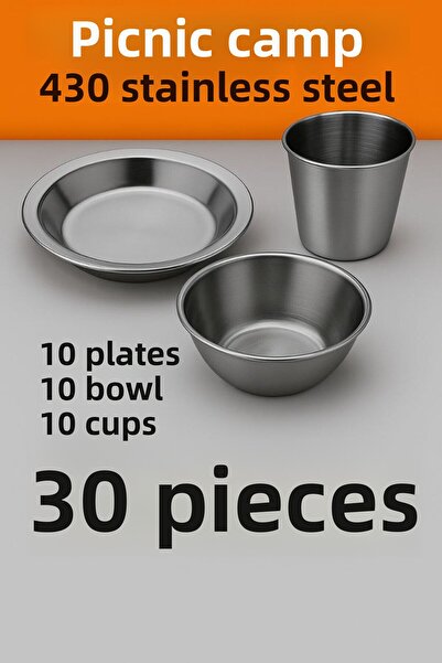 Metler Stainless Steel Camping Picnic Set 30 Pieces |   Plate Bowl Cup Set | ...