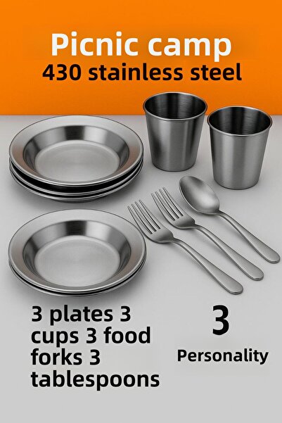Metler Stainless Steel Camping Picnic Set for 3 Persons |   Plate, Fork, Spoo...