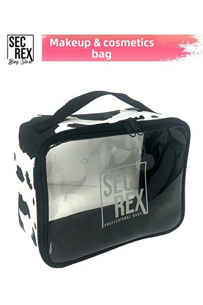 SECREX Веганска кожена чанта за грим и козметична чанта с принт на крава