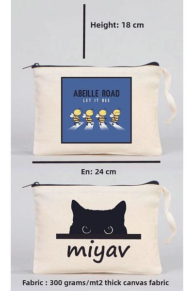 MODA 1Pc Meow and 1 Let It Bee Printed Canvas Fabric Clutch Makeup Bag