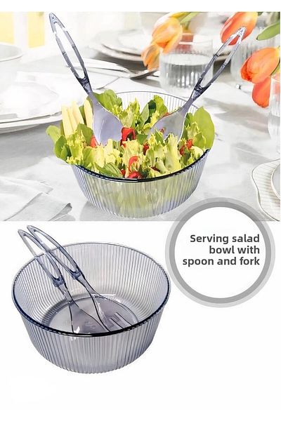 Royaleks Acrylic, Round, Salad Bowl with Serving Spoon and Fork Serving Presentation Plate 23 Cm
