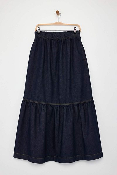 Trendyol Collection Fusta din denim cu talie elastică cu volan albastru închis TWOAW26ET00012