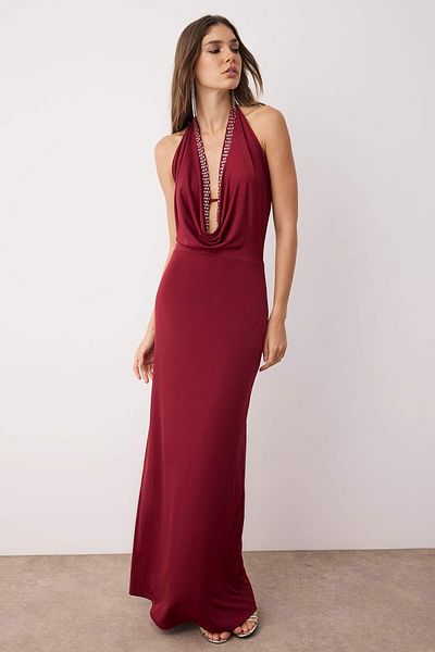 Trendyol Collection Guler Degaje Burgundy Decolteu adânc Rochie de seară cu detalii de piatră strălucitoare Rochie de absolvire de seară TPRSS25AE00004
