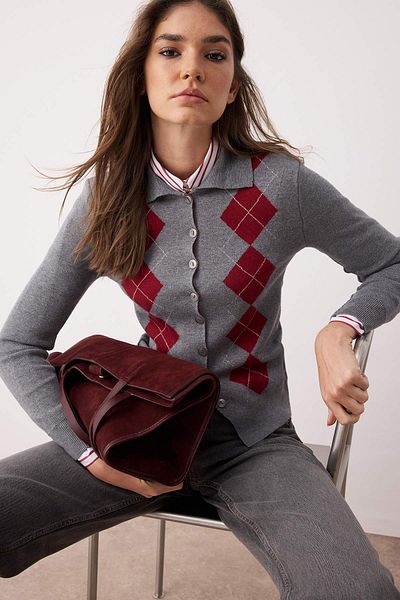 Trendyol Collection Gray Mercerized Look Premium/Special Yarn Argyle Polo Neck Knitwear Cardigan Twoaw26Hi00045