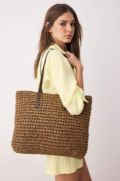 TRENDYOL SHOES Brown Straw Hand Knitted Women's Shoulder Bag Takss25Oc00089