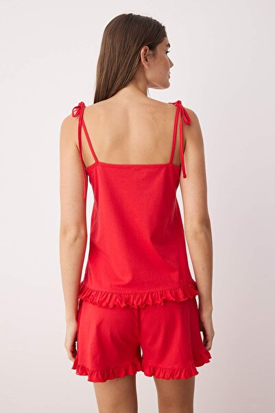 Trendyol Collection Piros 100% pamut kötött pizsama szett fodrokkal és fűzős részletekkel THMSS25PT00440
