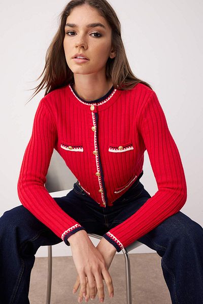 Trendyol Collection Red Crop Color Block Jacket Look Knitwear Cardigan Twoaw23Hi00550