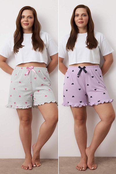 Trendyol Curve Grey-Lilac Heart Pattern Ruffle 2 Pack Camisole Knitted Pajama Bottoms Tbbss25Ia00007