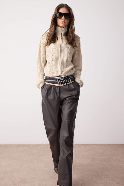 Trendyol Collection Stone*001 Crop/Short Straight Stand Collar Knitwear Cardigan Twoaw24Hi00238