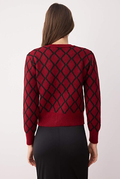 Trendyol Collection Burgundy Button Detailed Soft Textured Argyle Patterned Soft Textured Knitwear Cardigan Twoaw26Hi00051