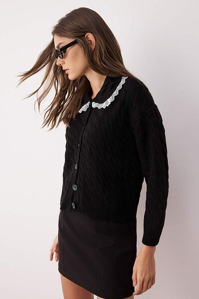 Trendyol Collection Black Collar Lace Garnish Hair Knit Polo Collar Knitwear Cardigan Twoaw26Hi00057