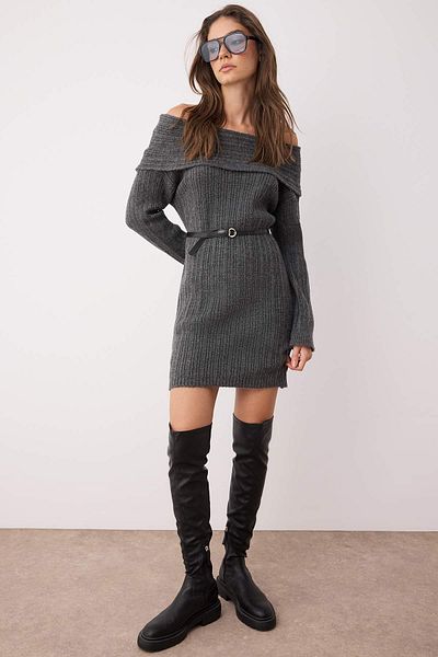 Trendyol Collection Anthracite Plain Mini Soft Texture Carmen Collar Knitwear Dress Twoaw26El00012