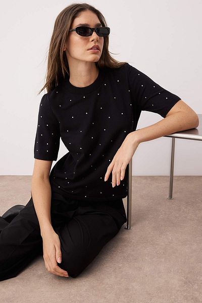 Trendyol Collection Pulover de tricotaj cu fir premium negru/fir special detaliat de prelucrare a pietrei TWOAW26KZ00059