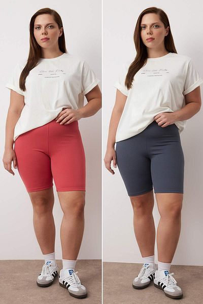 Trendyol Curve Anthracite- Dusty Rose High Waist 2-Pack Biker Ribbed Knit Plus Size Leggings Tbbss24Bv00000