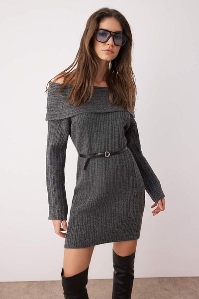Trendyol Collection Anthracite Plain Mini Soft Texture Carmen Collar Knitwear Dress Twoaw26El00012