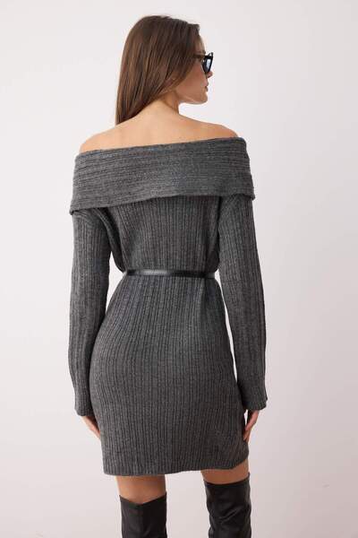 Trendyol Collection Anthracite Plain Mini Soft Texture Carmen Collar Knitwear Dress Twoaw26El00012