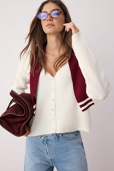 Trendyol Collection Ecru Soft Textured Sleeve Embroidery Detailed Wide Fit Knitwear Cardigan Twoaw26Hi00120