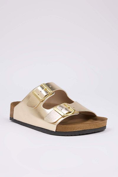 TRENDYOL SHOES Χρυσές γυναικείες παντόφλες με διπλή πόρπη TAKSS24TE00004