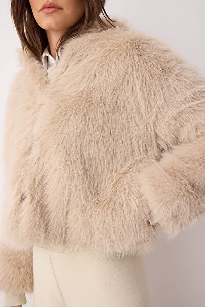 Trendyol Collection Béžový oversize kožený kabát s kapucí TWOAW26MO00025