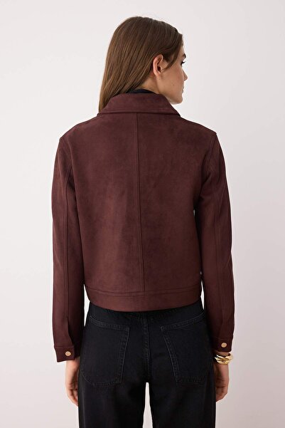 Trendyol Collection Tmavě hnědé přiléhavé semišové kabáty Slim Jacket TWOAW26MO00016