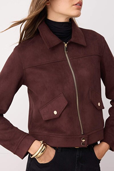 Trendyol Collection Tmavě hnědé přiléhavé semišové kabáty Slim Jacket TWOAW26MO00016