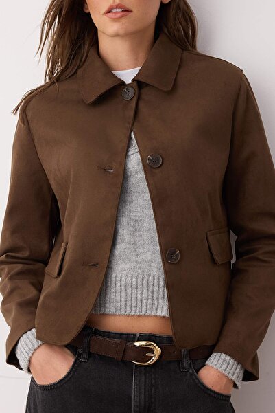 Trendyol Collection Jachetă subțire din piele intoarsa maro TWOAW26MO00115