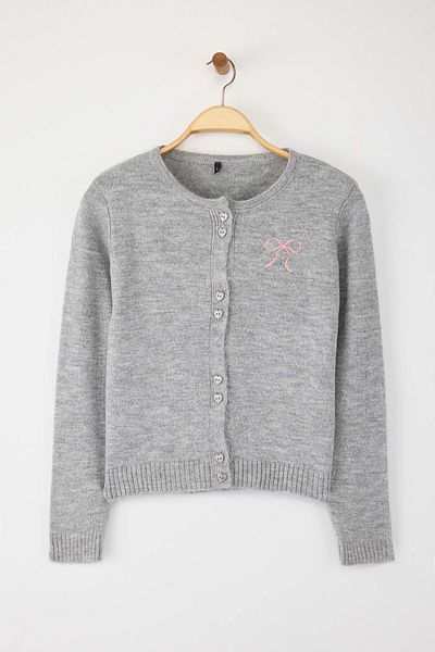 Trendyol Collection Gray Heart Button Detailed Ribbon Embroidered Soft Textured Knitwear Cardigan Twoaw26Hi00006