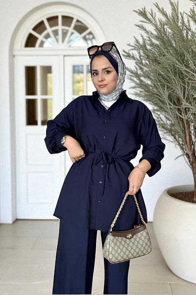 Aselim Hijap Moda Καλοκαιρινό κοστούμι με λινό πουκάμισο Strawberry – Άνετη κομψότητα με παντελόνι τσέπης (μέγεθος 36-48) Navy Blue