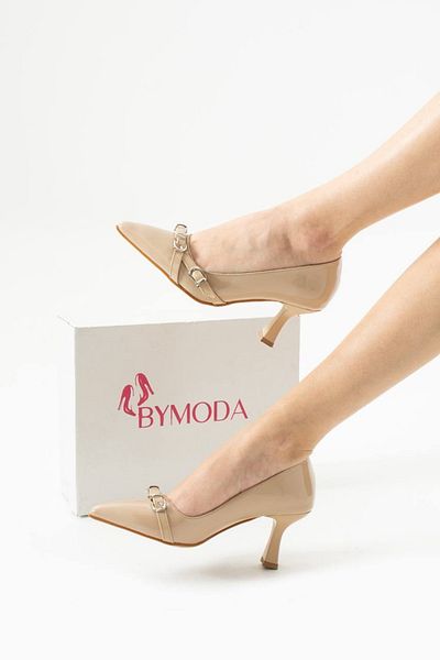 Bymoda New Season Beige Patent Leather Women's Heeled Shoes Stiletto
