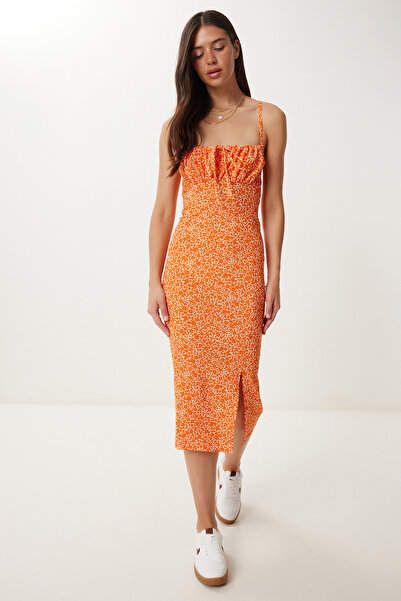 Lovelyİstanbul Καλοκαιρινό πλεκτό φόρεμα με φλοράλ μοτίβο λευκό πορτοκαλί Lcı0003