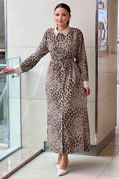 Ghisa Stone Collar Belted Patterned Dress