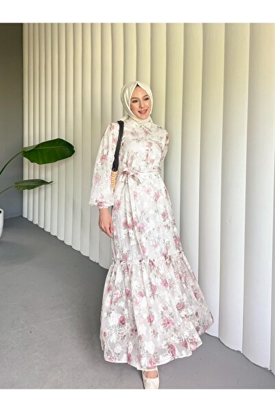 Modamorfo Half Button Lined Dress with Belt - Cream