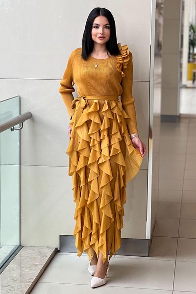 Mahal Ruffled Accordion Dress with Roses on the Shoulder