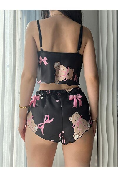 dedo Costum de pantaloni scurți din satin cu model ursuleț negru pentru femei