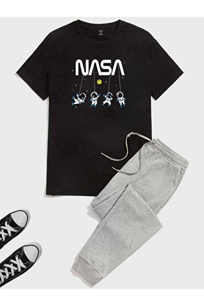 cm buseyiz Tricou de bază cu imprimeu Nasa și pantaloni de jos cu nervuri pentru băieți - Set de sus
