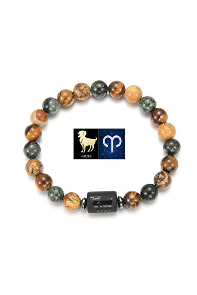 Choice سوار برج الحمل من الحجر الطبيعي مع صورة عين النمر وحبات اليشب المستدير...