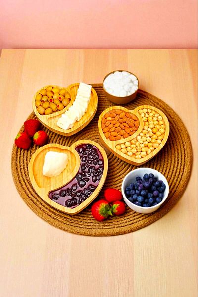 SWENCRAFT Natural Wood Luxury Bamboo 3 Pieces Presentation Plate Snack Plate Breakfast Plate Bowl Premium Dowery Set