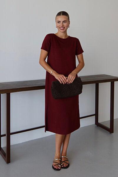 Mogi Butik Дамска рокля от модален плат с половин ръкав и цепка под коляното ...