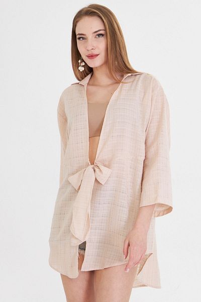 armonika Cămașă kimono cu cravată în față cu dungi crem pentru femei ARM-24Y 001101