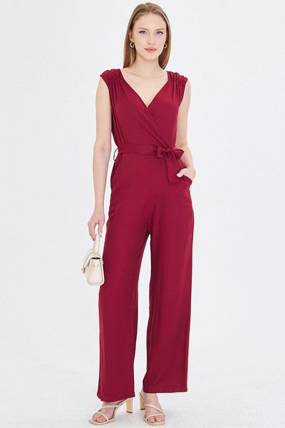 armonika Women's Burgundy Double Breasted Collar Shoulder Rubber Detailed Back V Belted Long Jumpsuit Arm-24Y 001049