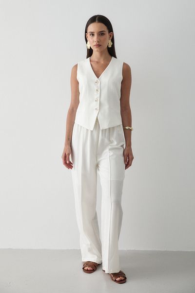 JASTE Women's Buttoned Vest & Palazzo Elastic Waist Trousers Linen Suit