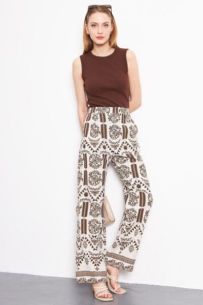 armonika Smeđa boja Lan Sa deznom Palazzo pantalone - Sa džepovima , ARM-24Y0...