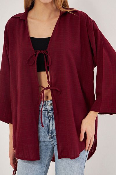armonika Cămașă de damă bordeaux cu guler și dantelă în față cămașă kimono ARM-25K 001006
