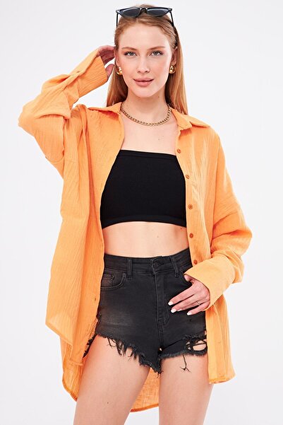 armonika Women's Mustard Oversize Textured Linen Look Wide Cuff Shirt ARM-24K001001